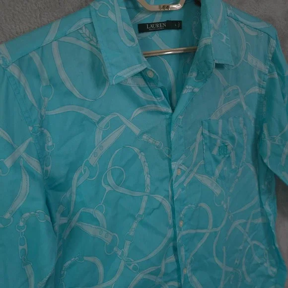 Lauren Ralph Lauren Button Up Shirt Dress Long Sleeve Top Crest Geometric Large - Picture 7 of 15